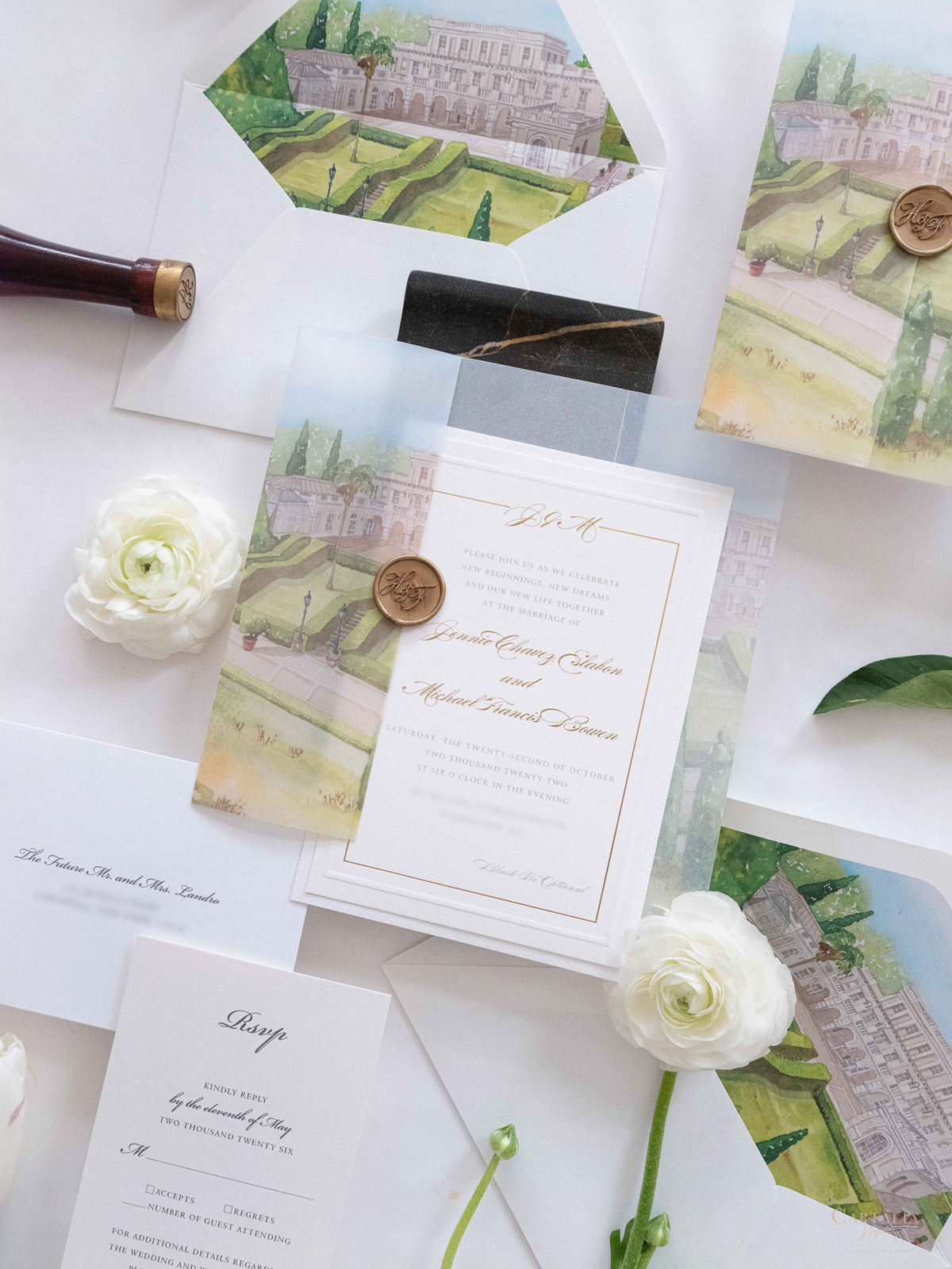 Watercolour Vellum Wrap Villa Miani Invitation with Gold Foil and Wax Seal | Bespoke Comission for I&B