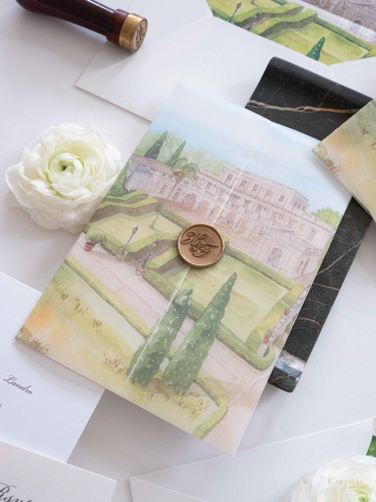 Watercolour Vellum Wrap Villa Miani Invitation with Gold Foil and Wax Seal | Bespoke Comission for I&B