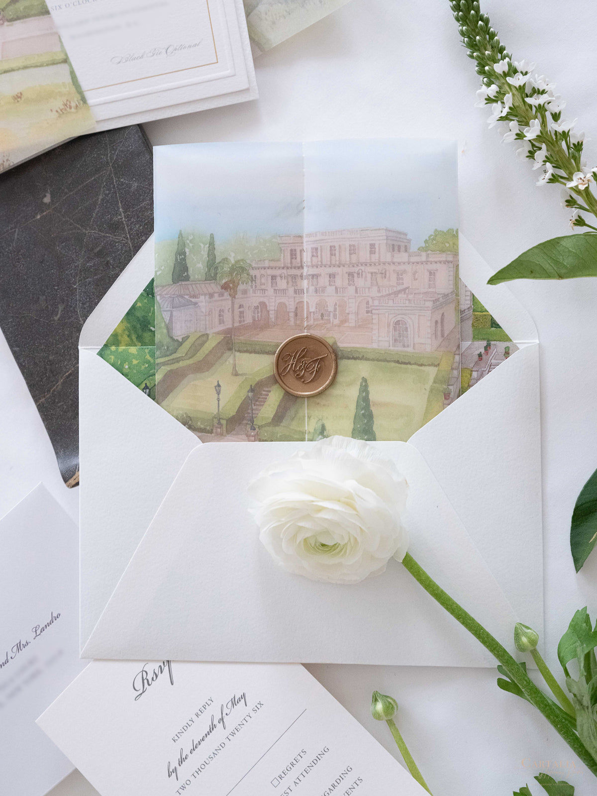 Watercolour Vellum Wrap Villa Miani Invitation with Gold Foil and Wax Seal | Bespoke Comission for I&B