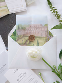 Watercolour Vellum Wrap Villa Miani Invitation with Gold Foil and Wax Seal | Bespoke Comission for I&B