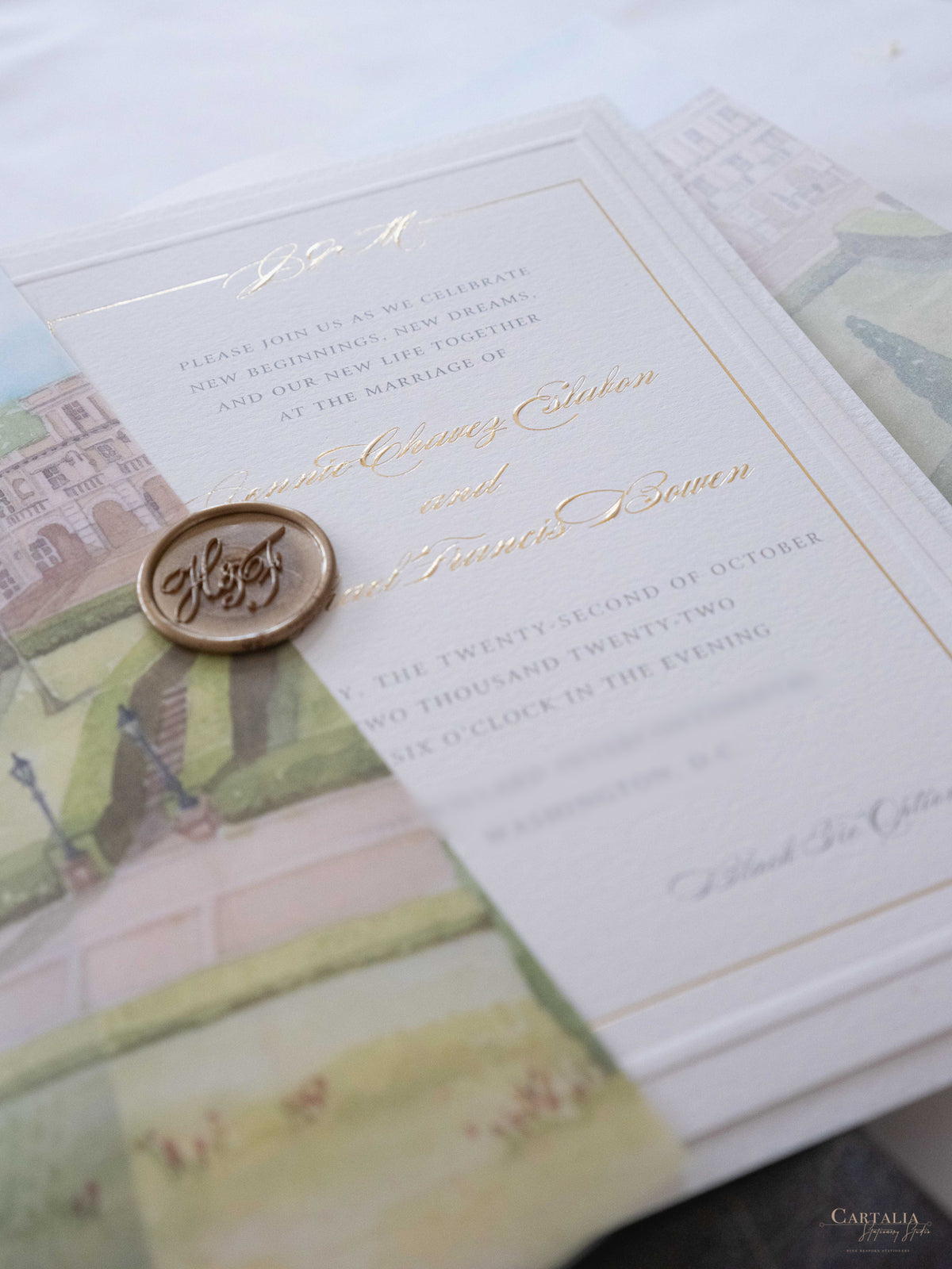 Watercolour Vellum Wrap Villa Miani Invitation with Gold Foil and Wax Seal | Bespoke Comission for I&B