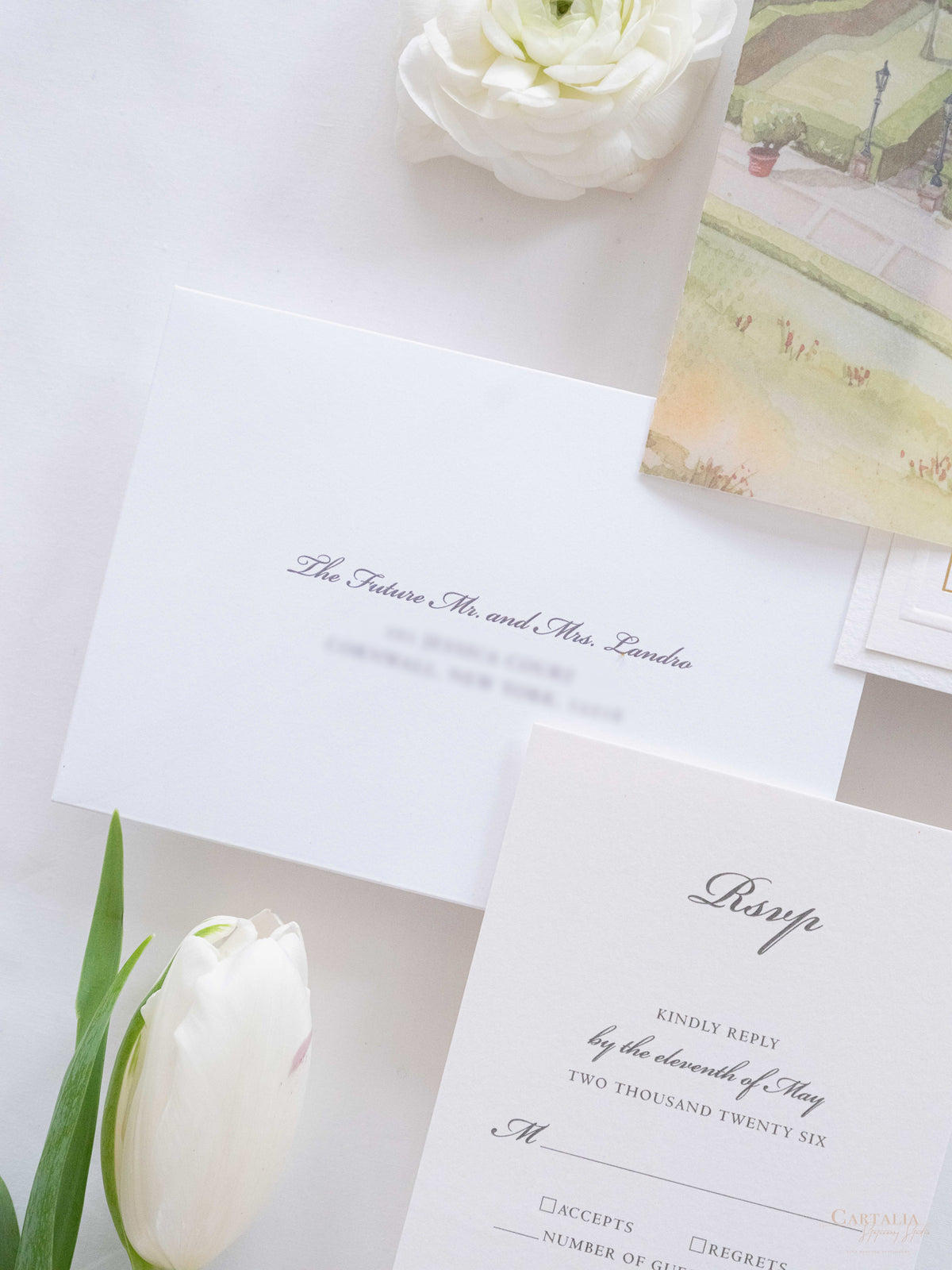 Watercolour Vellum Wrap Villa Miani Invitation with Gold Foil and Wax Seal | Bespoke Comission for I&B