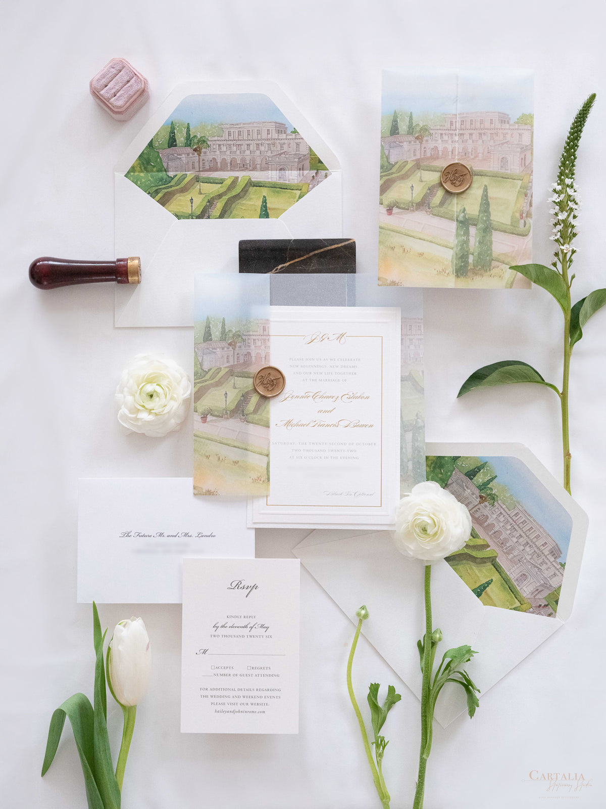 Watercolour Vellum Wrap Villa Miani Invitation with Gold Foil and Wax Seal | Bespoke Comission for I&B