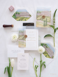 Watercolour Vellum Wrap Villa Miani Invitation with Gold Foil and Wax Seal | Bespoke Comission for I&B