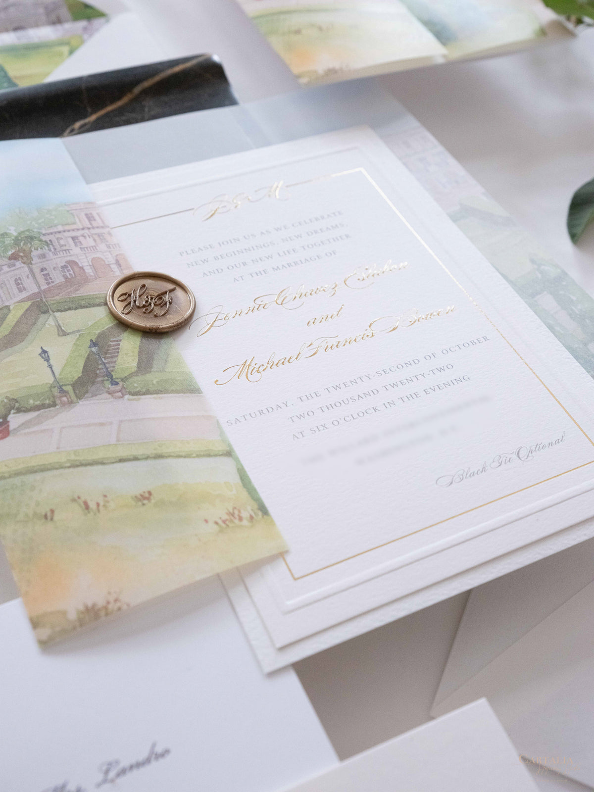 Watercolour Vellum Wrap Villa Miani Invitation with Gold Foil and Wax Seal | Bespoke Comission for I&B