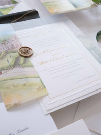 Watercolour Vellum Wrap Villa Miani Invitation with Gold Foil and Wax Seal | Bespoke Comission for I&B