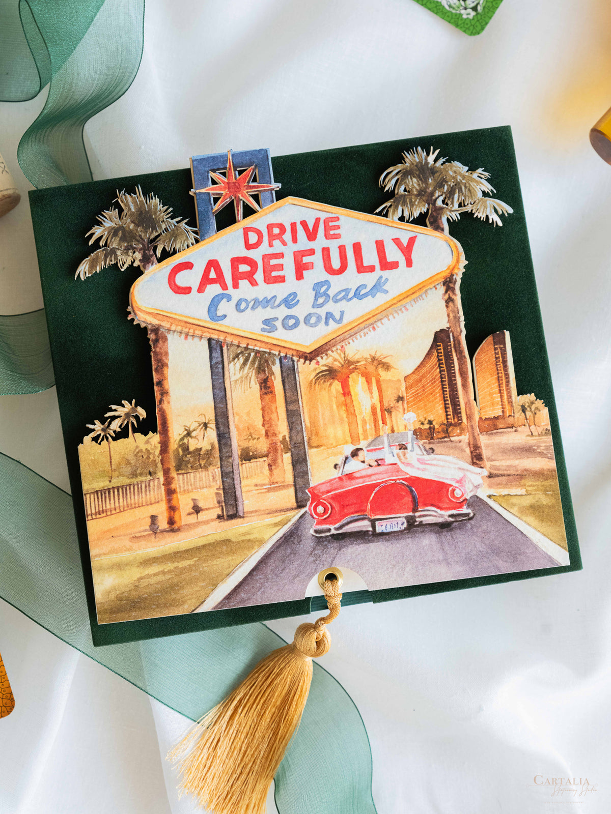 Bespoke Las Vegas Watercolour Wedding Thank You Cards with Gold Foil & Velvet Box
