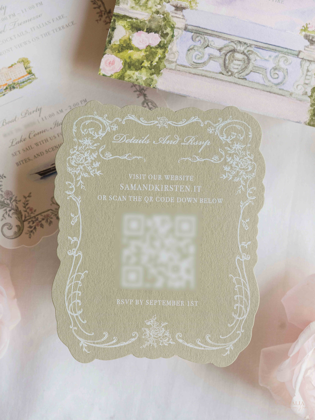 VILLA DEL BALBIANELLO | Bespoke Luxury Watercolour Sleeve Invitation Lake Como, Italy Wedding