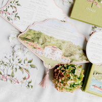 Scalloped Edge Laser-Cut Wedding Petal Fan with Venue Watercolour | Villa Bonomi, Lake Como, Italy