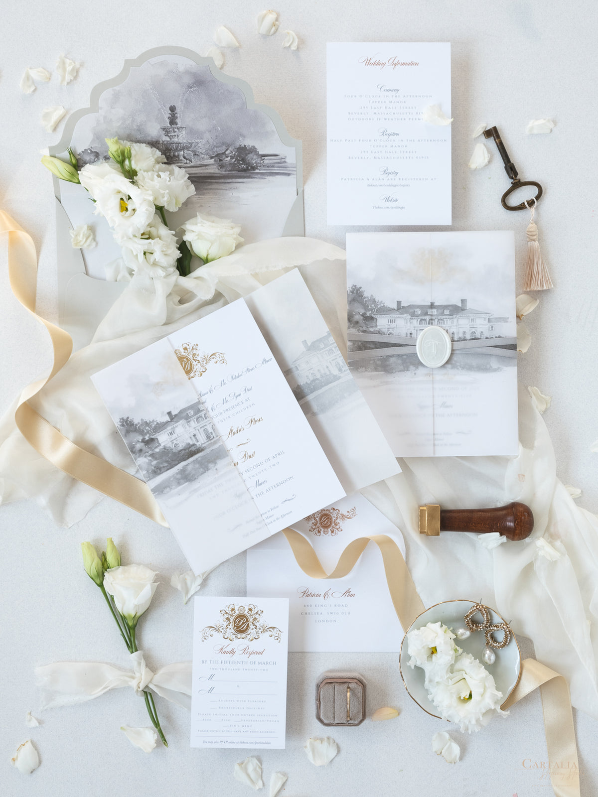 Watercolour Your Venue invitation on Vellum with Wax Seal Wedding invitation Suite | SAMPLE