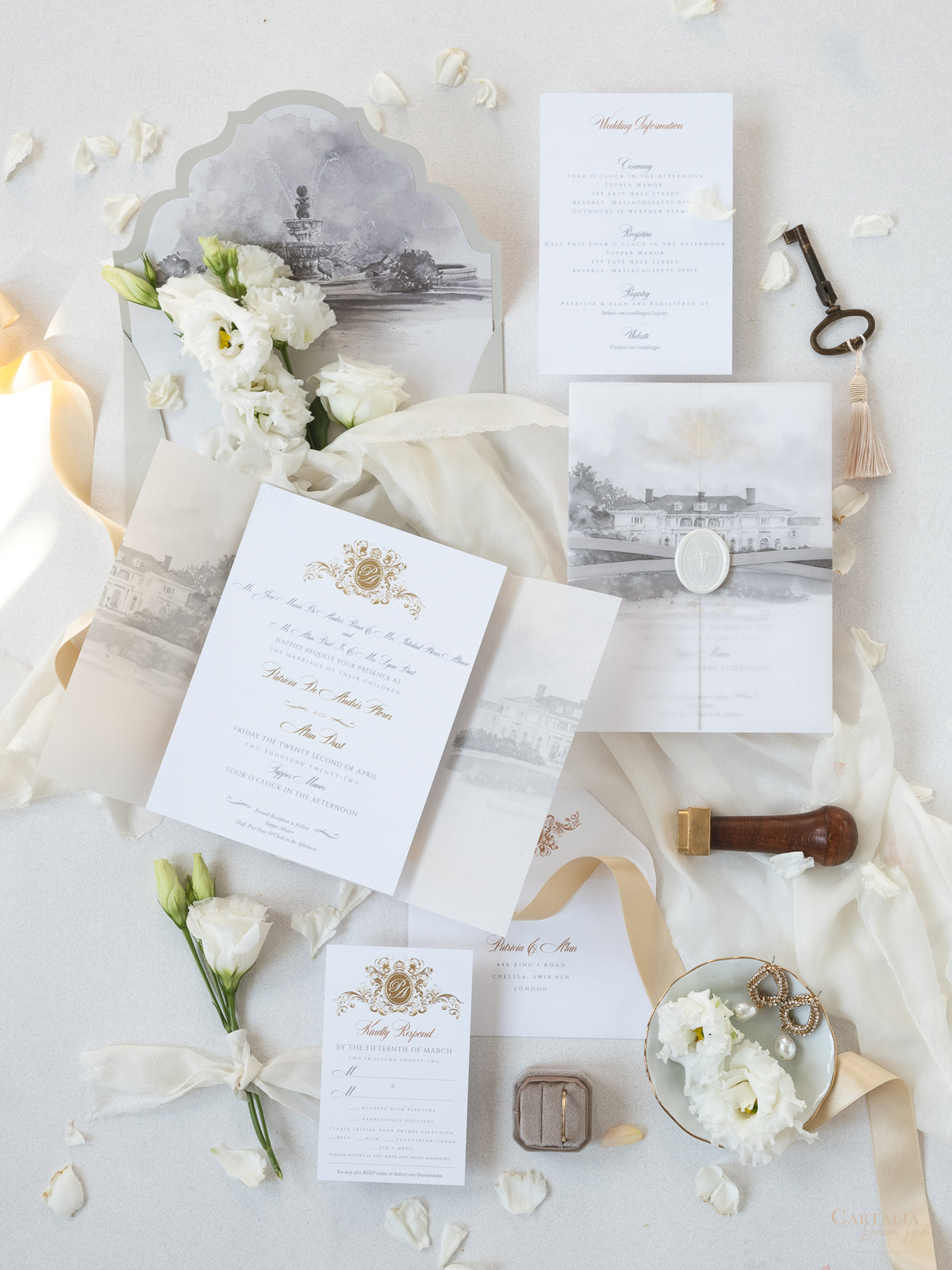 Watercolour Your Venue invitation on Vellum with Wax Seal Wedding invitation Suite | SAMPLE