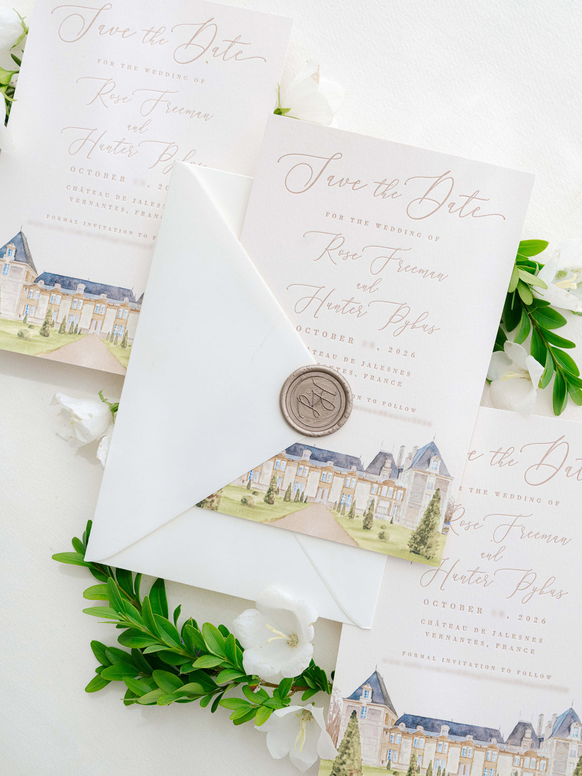 Luxury Hand Painted Save The Date with Venue Watercolour & Wax Seal | Chateau de Jalesnes, Vernantes, France