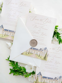 Luxury Hand Painted Save The Date with Venue Watercolour & Wax Seal | Chateau de Jalesnes, Vernantes, France