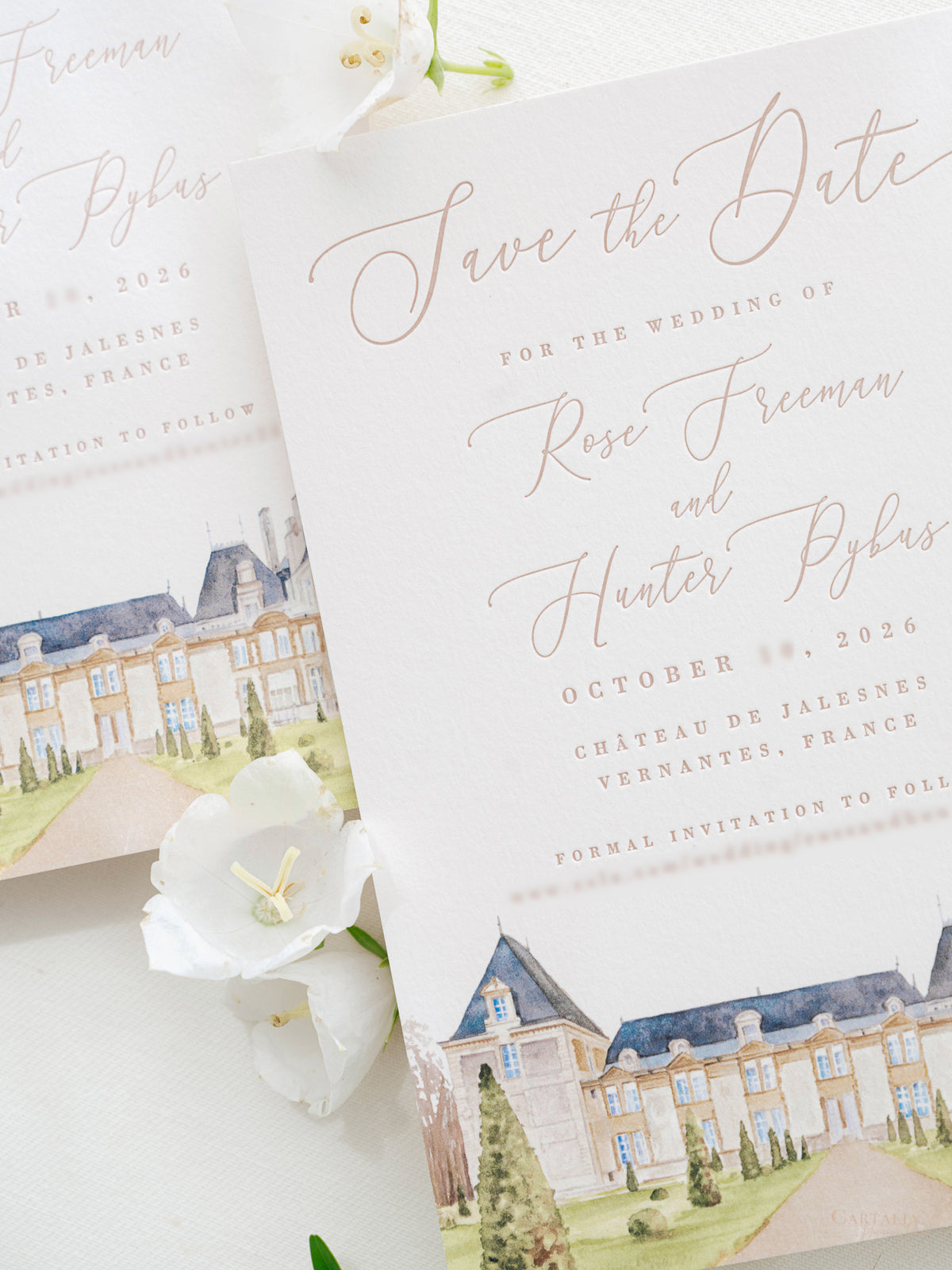 Luxury Hand Painted Save The Date with Venue Watercolour & Wax Seal | Chateau de Jalesnes, Vernantes, France