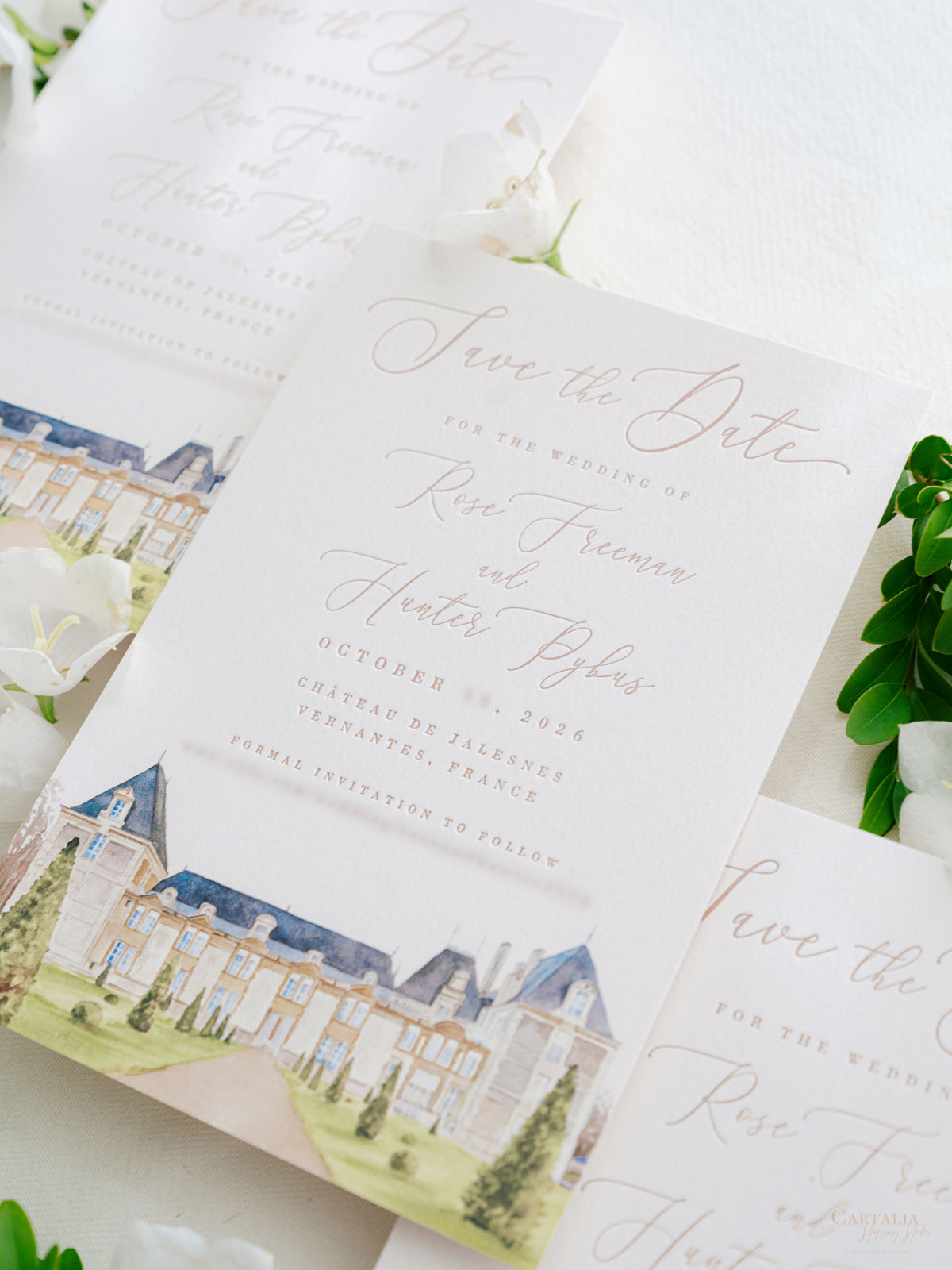Luxury Hand Painted Save The Date with Venue Watercolour & Wax Seal | Chateau de Jalesnes, Vernantes, France