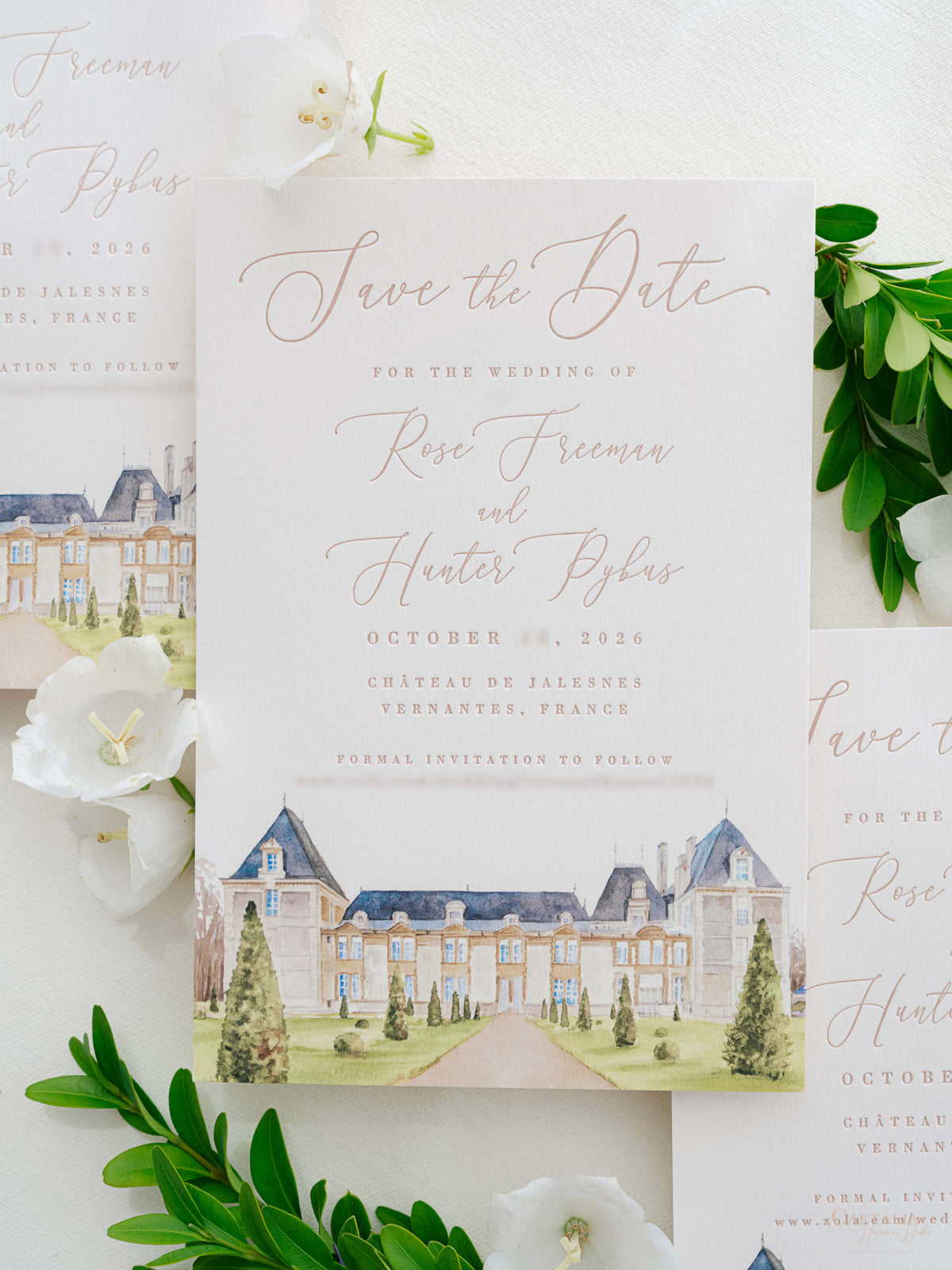 Luxury Hand Painted Save The Date with Venue Watercolour & Wax Seal | Chateau de Jalesnes, Vernantes, France