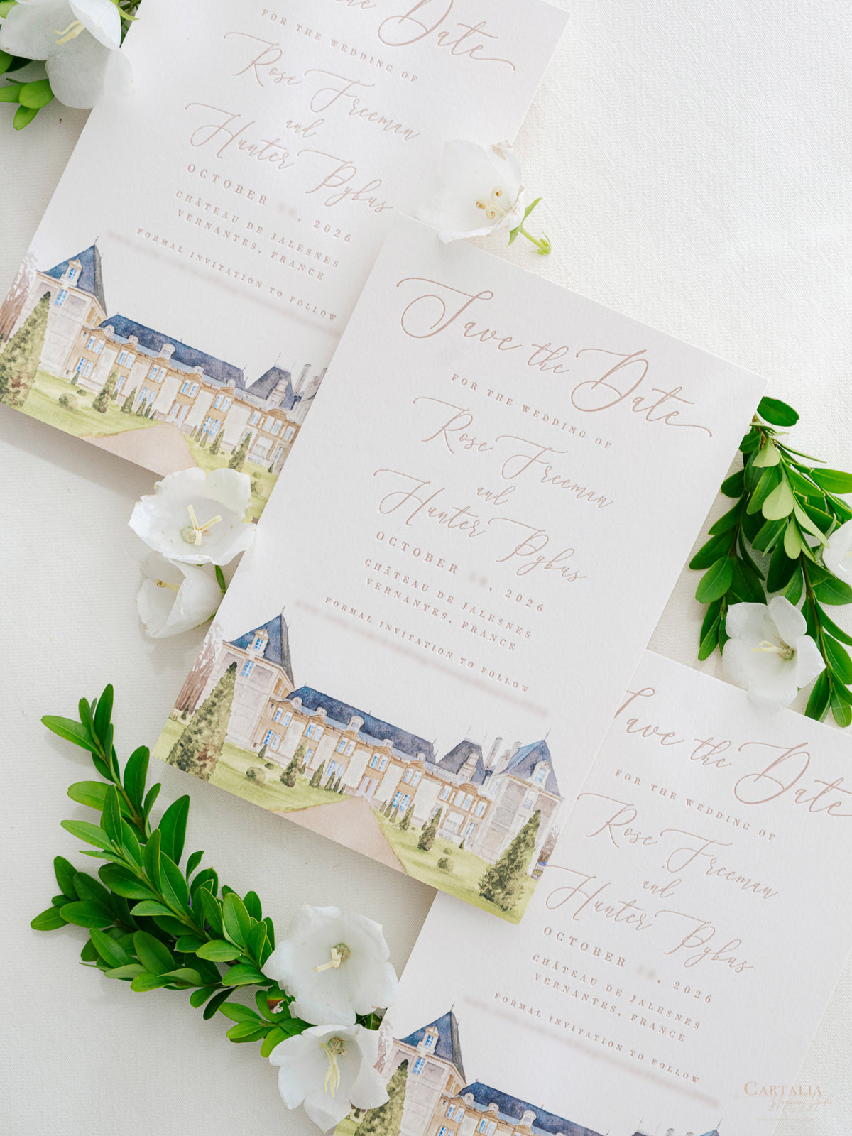 Luxury Hand Painted Save The Date with Venue Watercolour & Wax Seal | Chateau de Jalesnes, Vernantes, France
