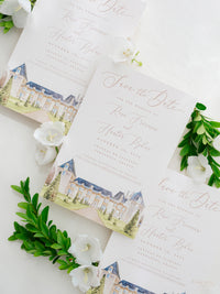 Luxury Hand Painted Save The Date with Venue Watercolour & Wax Seal | Chateau de Jalesnes, Vernantes, France