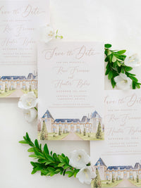Luxury Hand Painted Save The Date with Venue Watercolour & Wax Seal | Chateau de Jalesnes, Vernantes, France