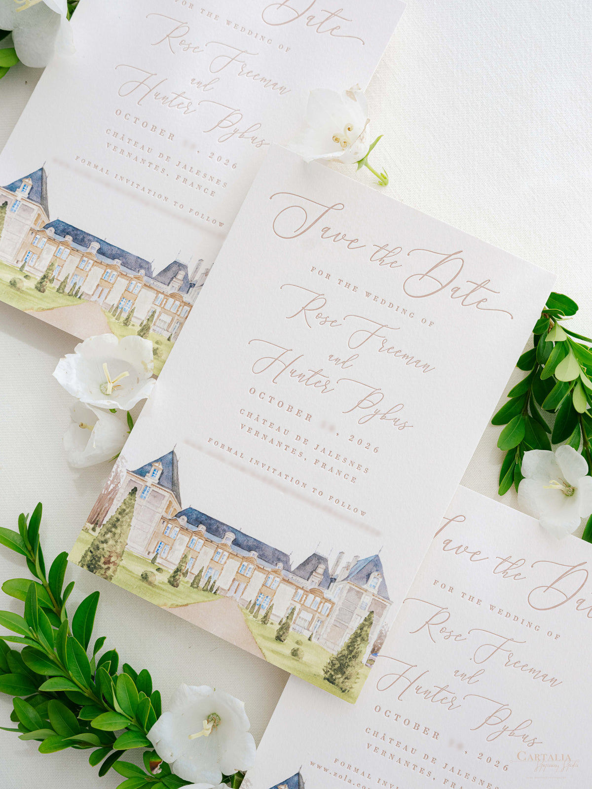 Luxury Hand Painted Save The Date with Venue Watercolour & Wax Seal | Chateau de Jalesnes, Vernantes, France