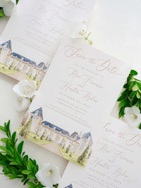 Luxury Hand Painted Save The Date with Venue Watercolour & Wax Seal | Chateau de Jalesnes, Vernantes, France