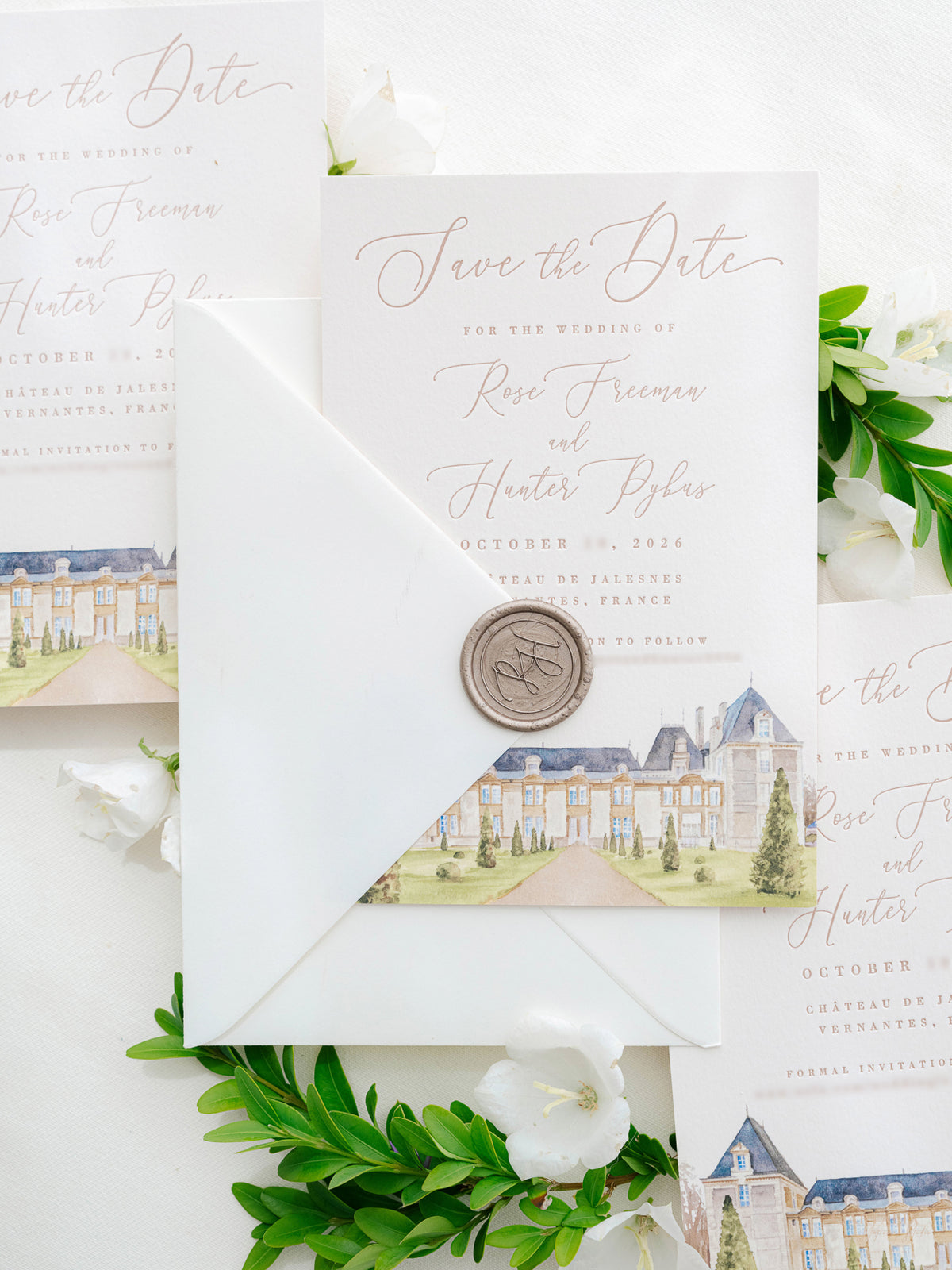 Luxury Hand Painted Save The Date with Venue Watercolour & Wax Seal | Chateau de Jalesnes, Vernantes, France