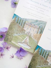 Reserva la fecha pintada a mano de lujo con sello de cera y acuarela del lugar | Villa Pizzo, Lago Como, Italia