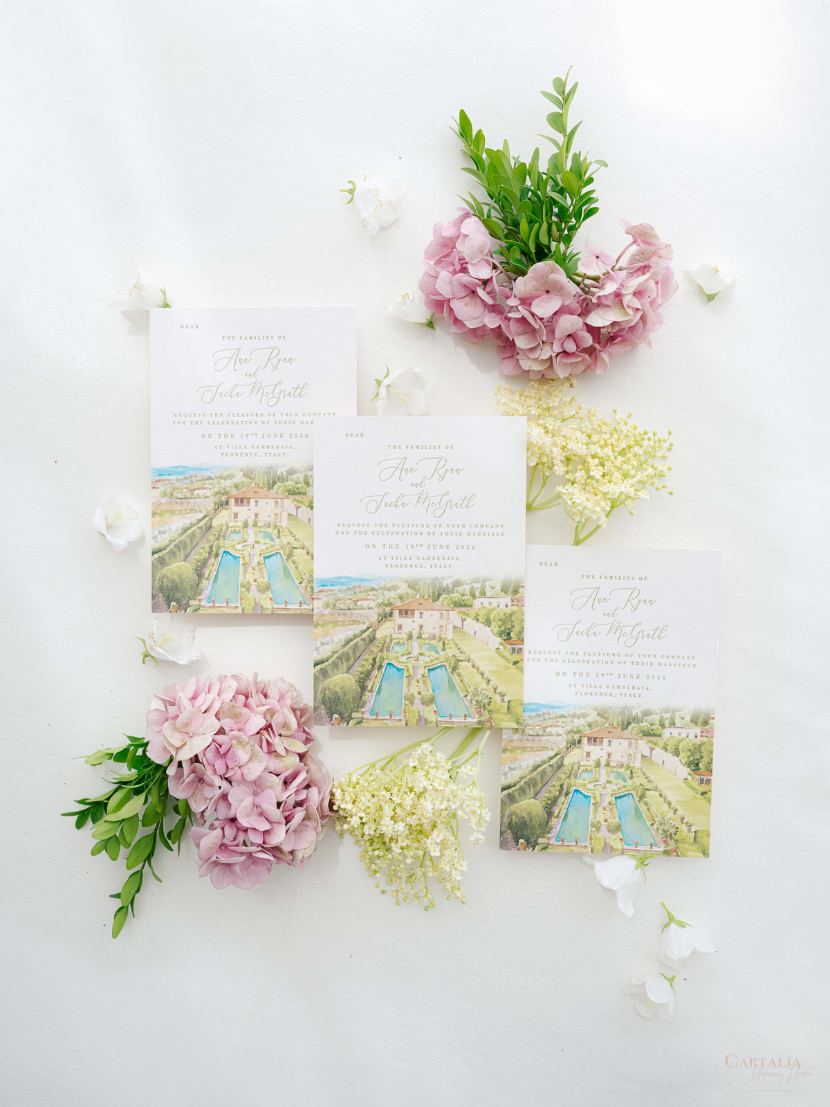 Luxury Hand Painted Save The Date with Venue Watercolour & Wax Seal | Villa Gamberaia, Tuscany, Italy