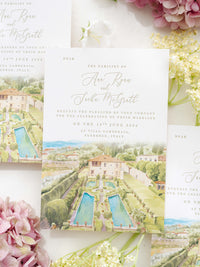 Luxury Hand Painted Save The Date with Venue Watercolour & Wax Seal | Villa Gamberaia, Tuscany, Italy