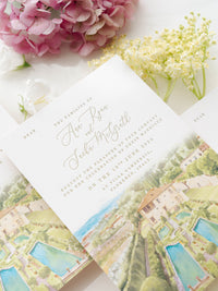 Luxury Hand Painted Save The Date with Venue Watercolour & Wax Seal | Villa Gamberaia, Tuscany, Italy