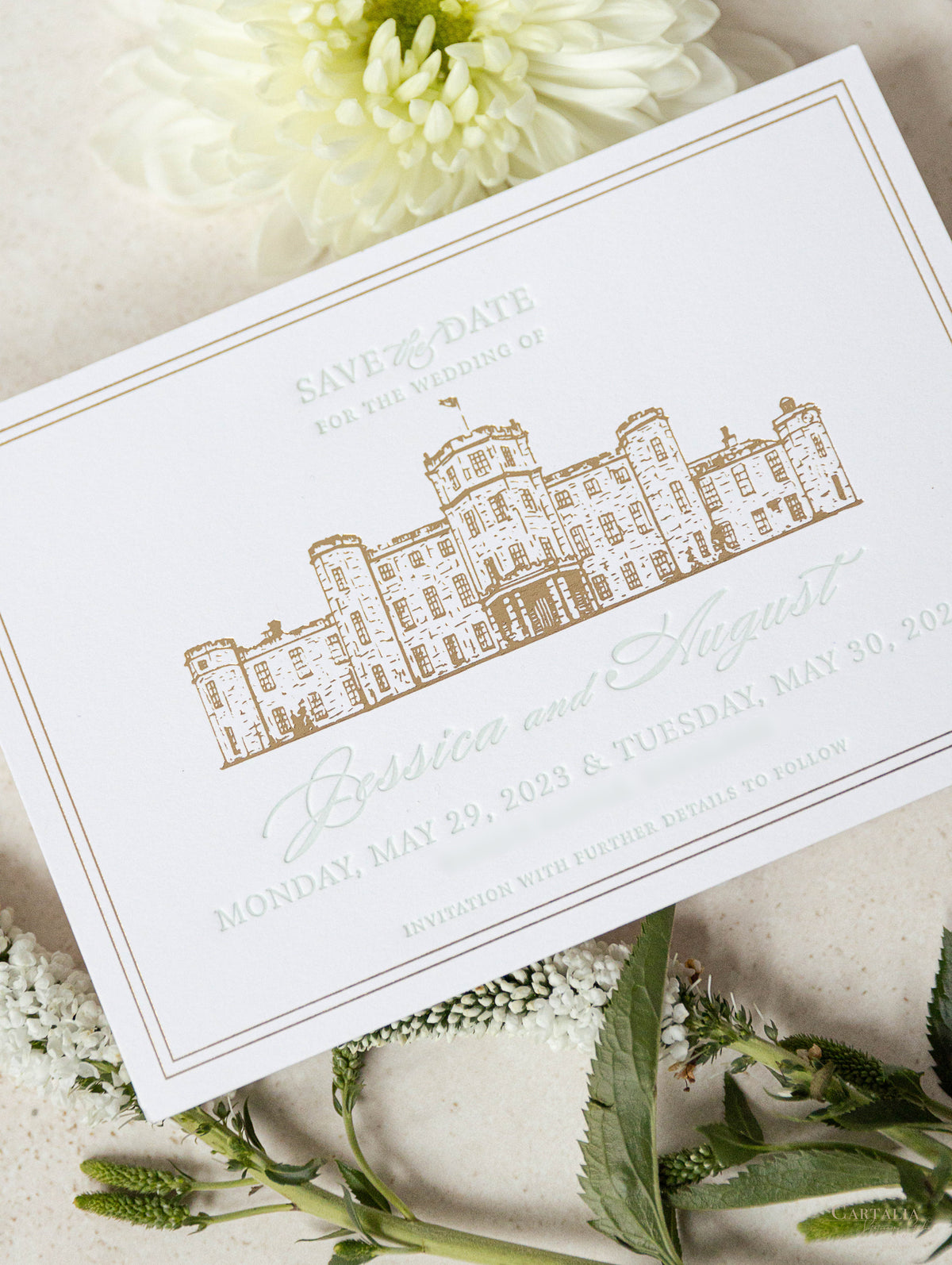 Letterpress Save The Date with Gold Foil Venue Sketch | Bespoke Commission J&A