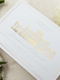 Letterpress Save The Date with Gold Foil Venue Sketch | Bespoke Commission J&A
