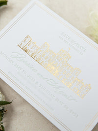 Letterpress Save The Date with Gold Foil Venue Sketch | Bespoke Commission J&A