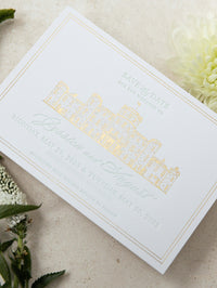 Letterpress Save The Date with Gold Foil Venue Sketch | Bespoke Commission J&A