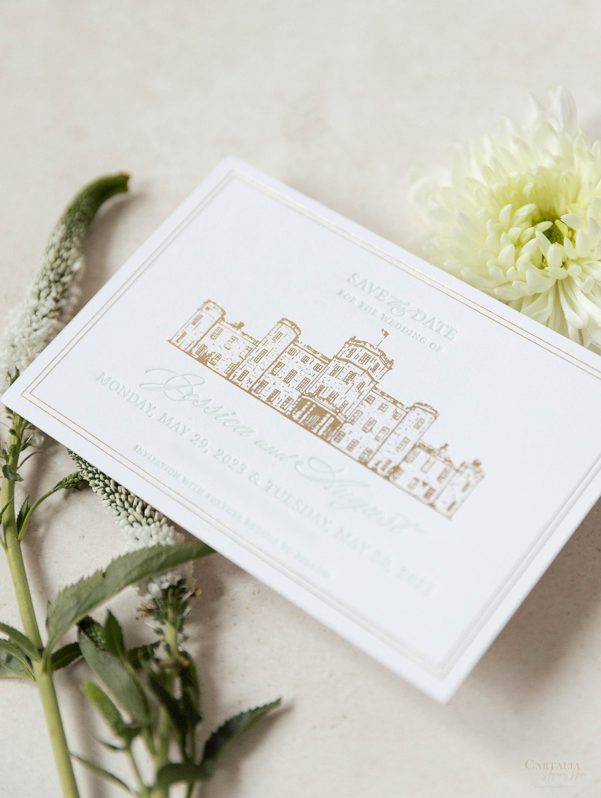 Letterpress Save The Date with Gold Foil Venue Sketch | Bespoke Commission J&A