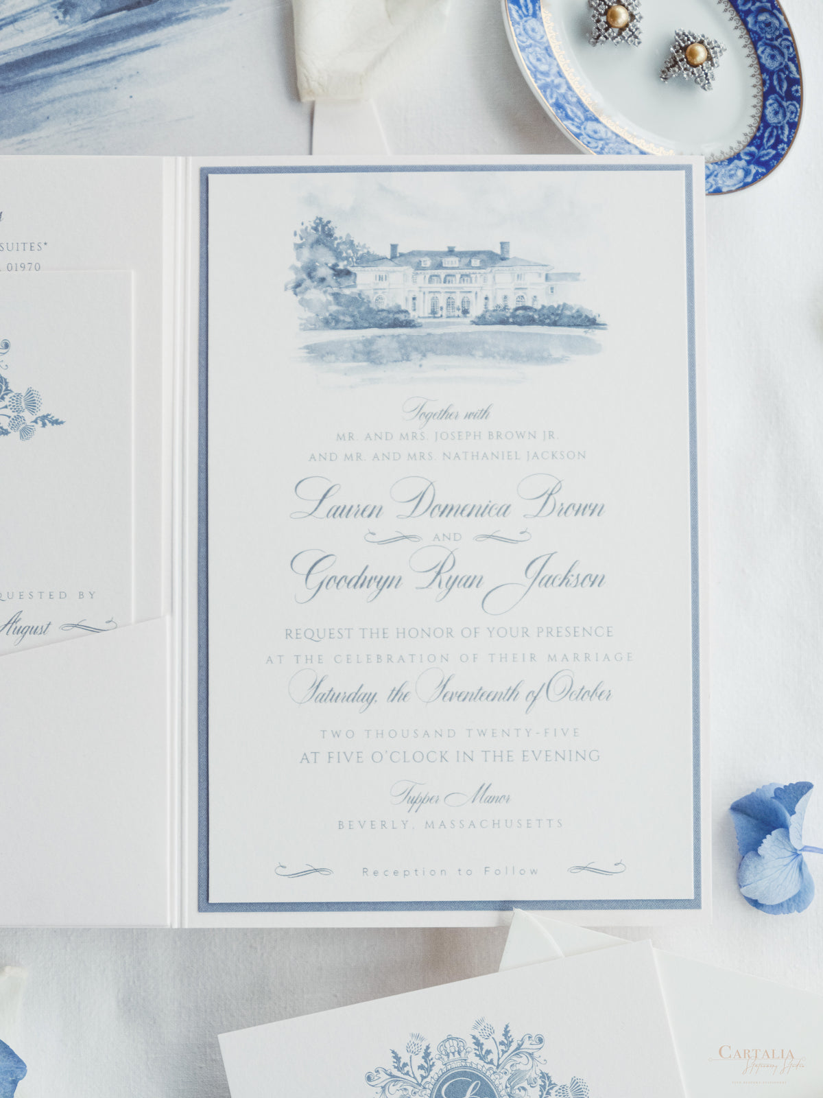 Watercolour Wedding Invitation with your Venue  | Luxury Pocket with Letterpress and Deckled Edge Envelope