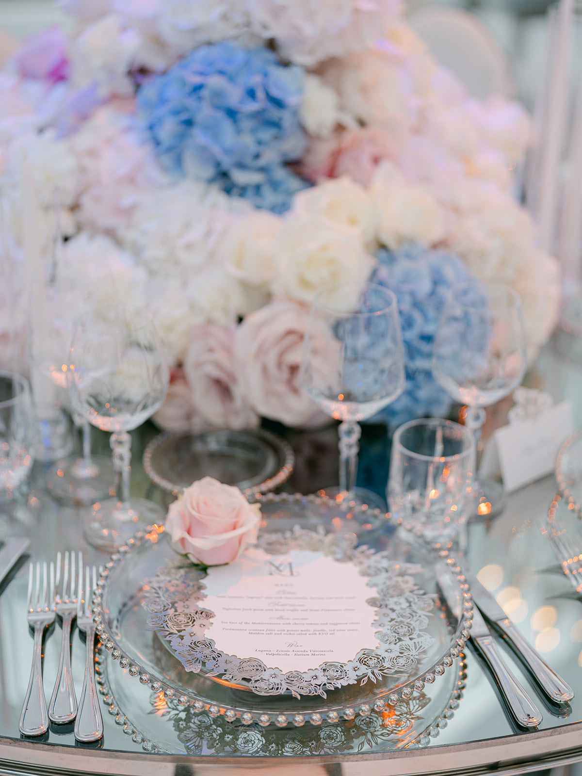 Plate Silver Mirror Menu with Laser-Cut Roses, Florals, and Butterfly | Villa Balbiano, Lake Como Wedding