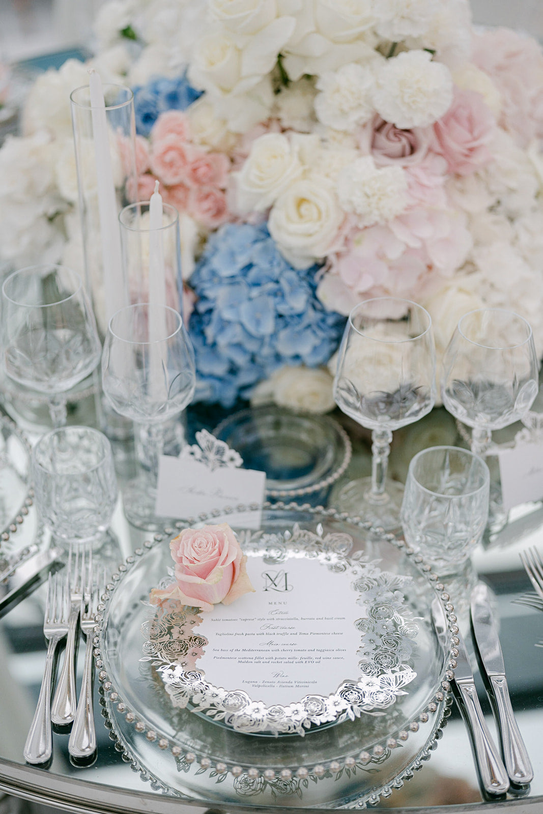 Plate Silver Mirror Menu with Laser-Cut Roses, Florals, and Butterfly | Villa Balbiano, Lake Como Wedding