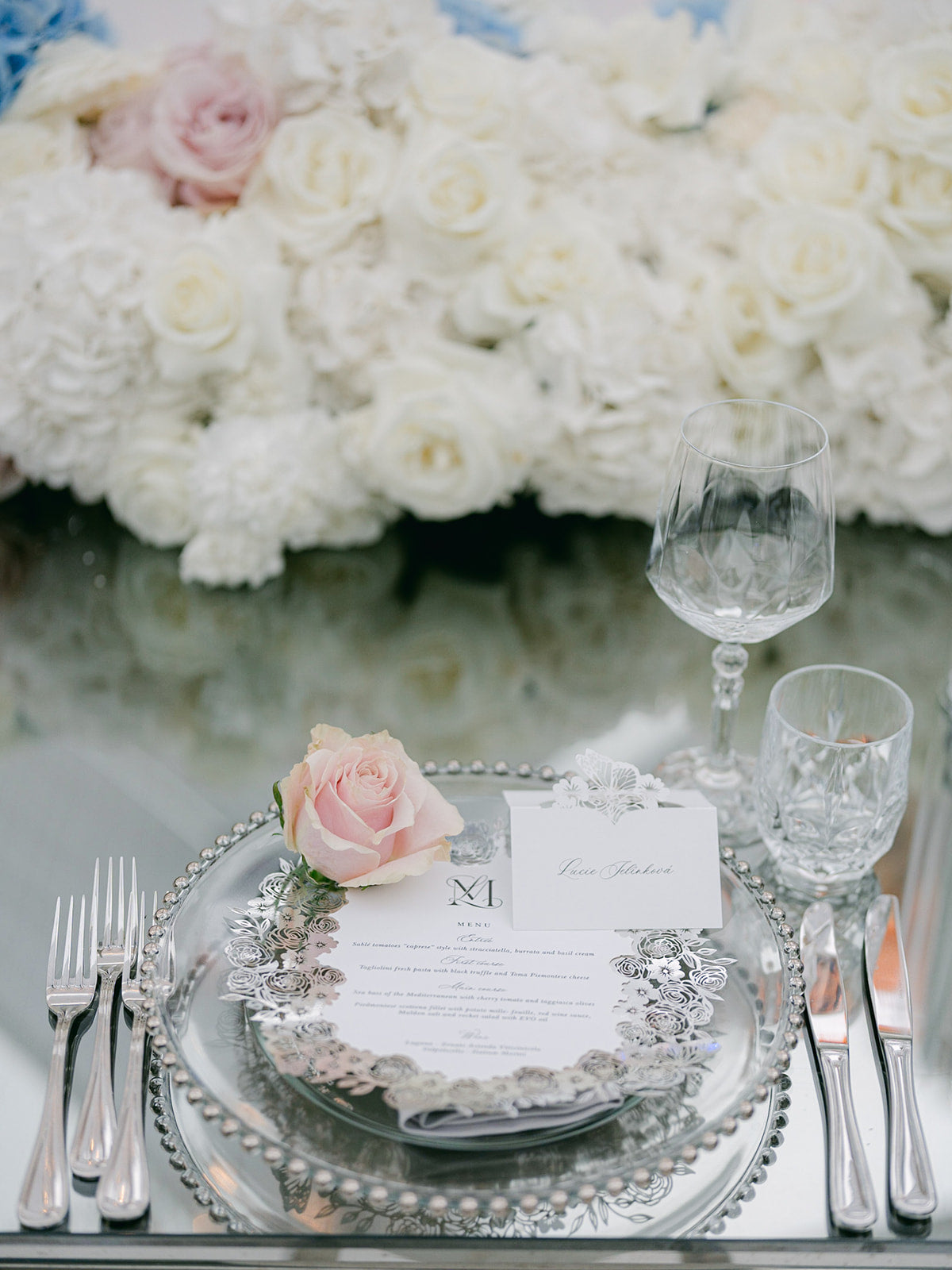 Plate Silver Mirror Menu with Laser-Cut Roses, Florals, and Butterfly | Villa Balbiano, Lake Como Wedding