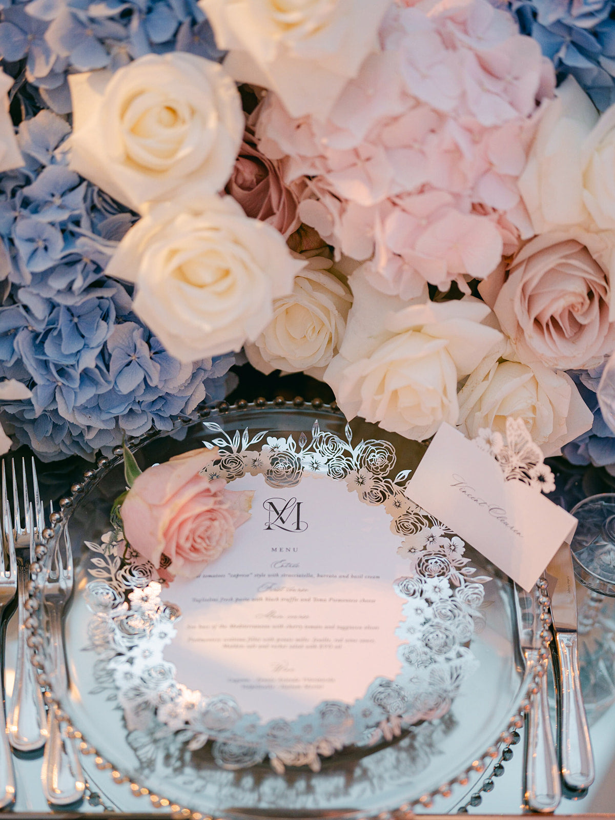 Plate Silver Mirror Menu with Laser-Cut Roses, Florals, and Butterfly | Villa Balbiano, Lake Como Wedding