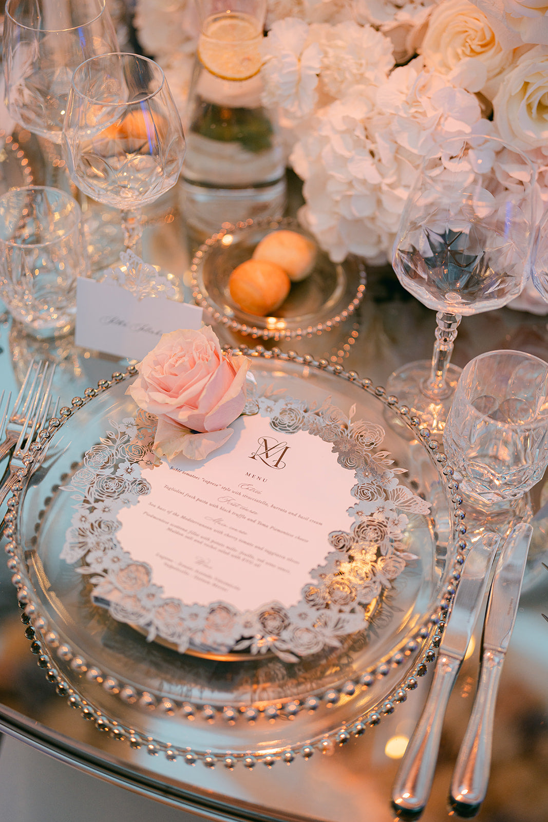 Plate Silver Mirror Menu with Laser-Cut Roses, Florals, and Butterfly | Villa Balbiano, Lake Como Wedding