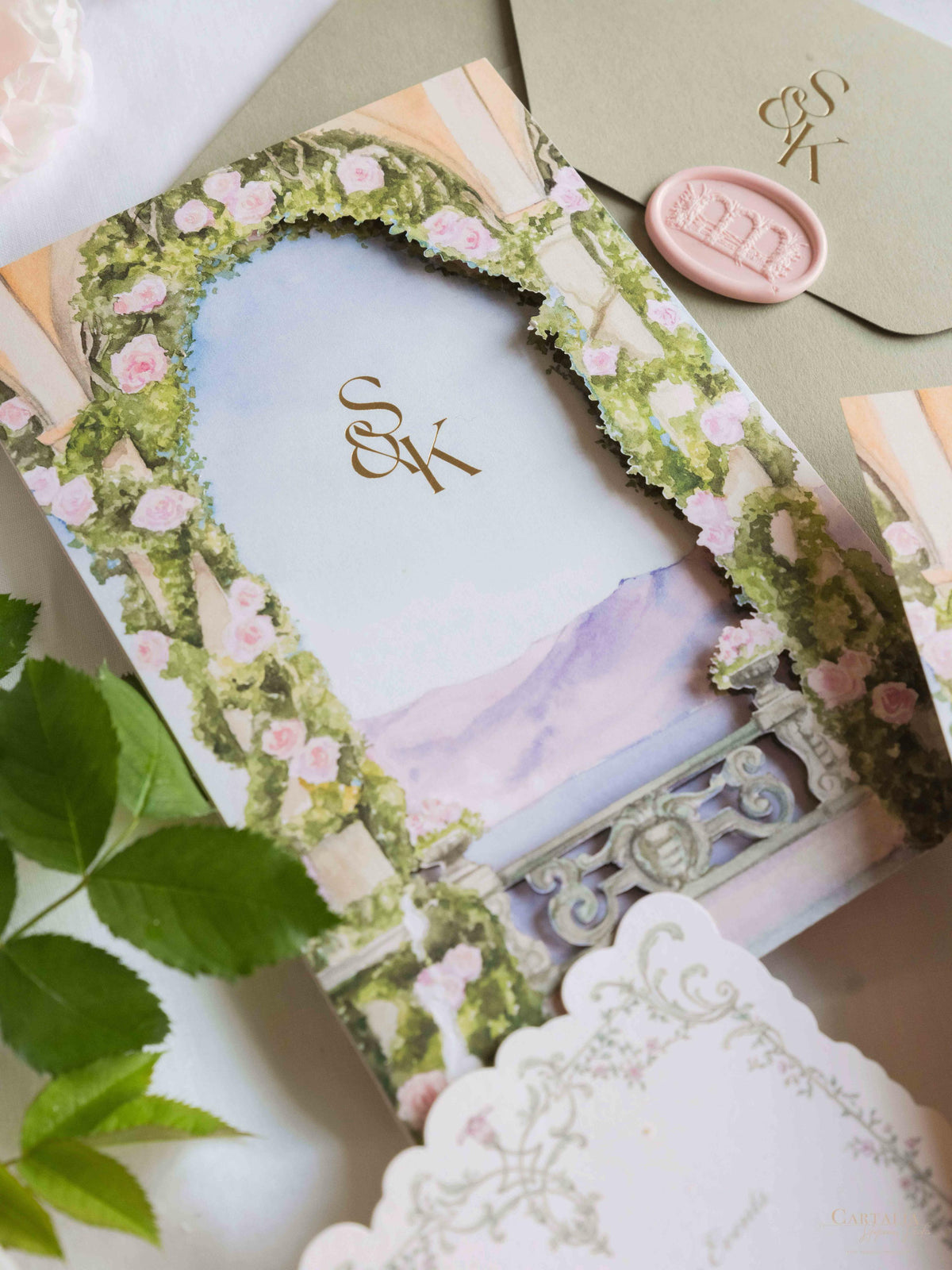 VILLA DEL BALBIANELLO | Bespoke Luxury Watercolour Sleeve Invitation Lake Como, Italy Wedding