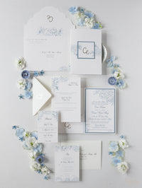 Invitaciones de boda de bolsillo de lujo en Laguna Beach, California, en azul polvoriento | Comisión C&amp;E a medida