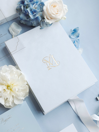 3D Luxury Velvet Hard Back Boxed & Ribbon Invitation with Gold Foil Venue | Bespoke Commission L&M , Villa Balbiano, Lake Como
