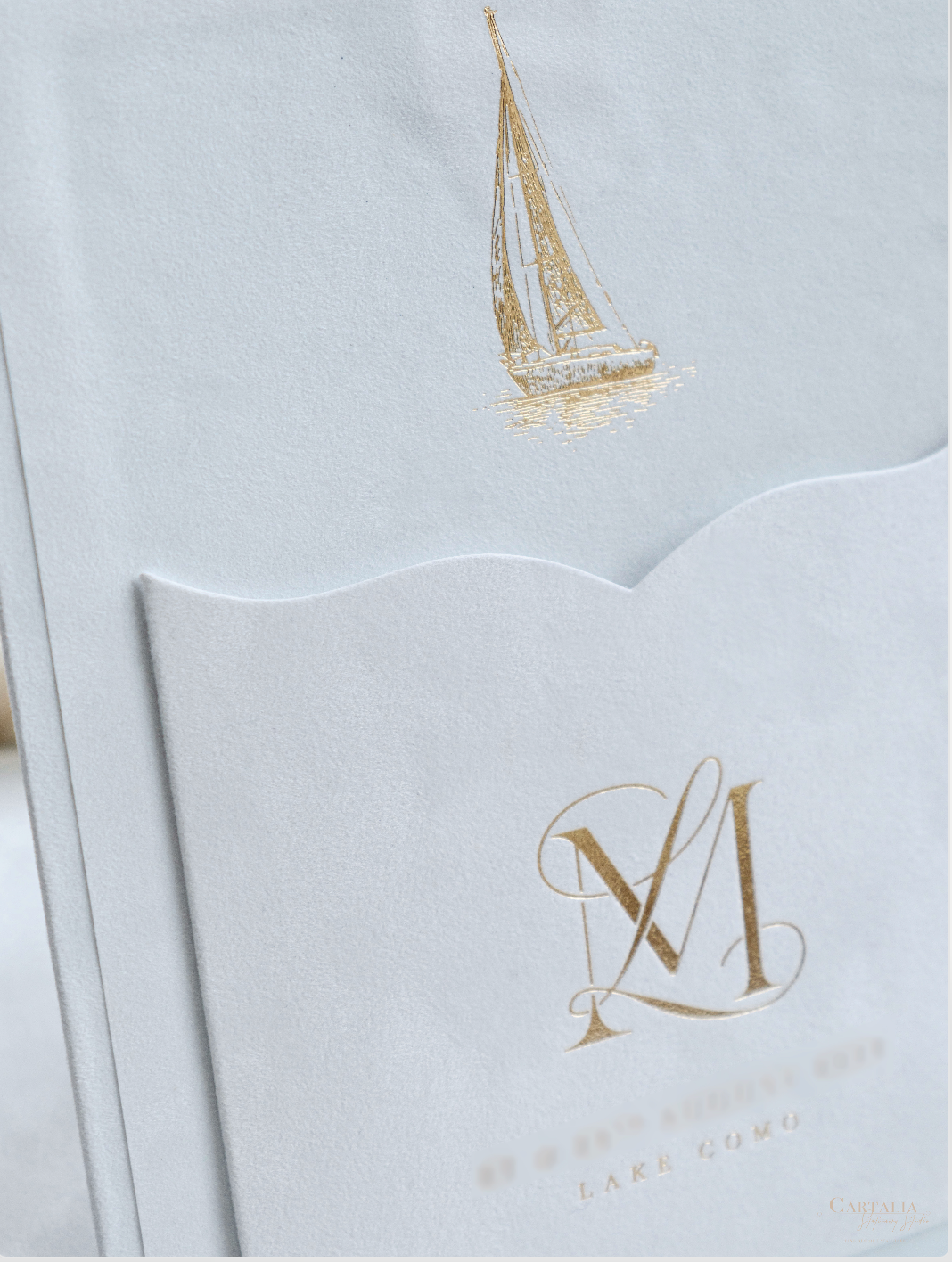 3D Luxury Velvet Hard Back Boxed & Ribbon Invitation with Gold Foil Venue | Bespoke Commission L&M