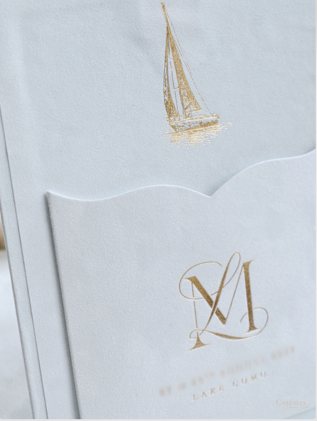 3D Luxury Velvet Hard Back Boxed & Ribbon Invitation with Gold Foil Venue | Bespoke Commission L&M , Villa Balbiano, Lake Como