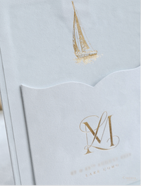 3D Luxury Velvet Hard Back Boxed & Ribbon Invitation with Gold Foil Venue | Bespoke Commission L&M , Villa Balbiano, Lake Como