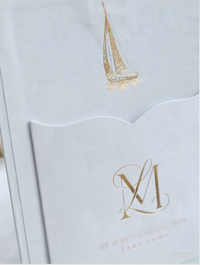 3D Luxury Velvet Hard Back Boxed & Ribbon Invitation with Gold Foil Venue | Bespoke Commission L&M