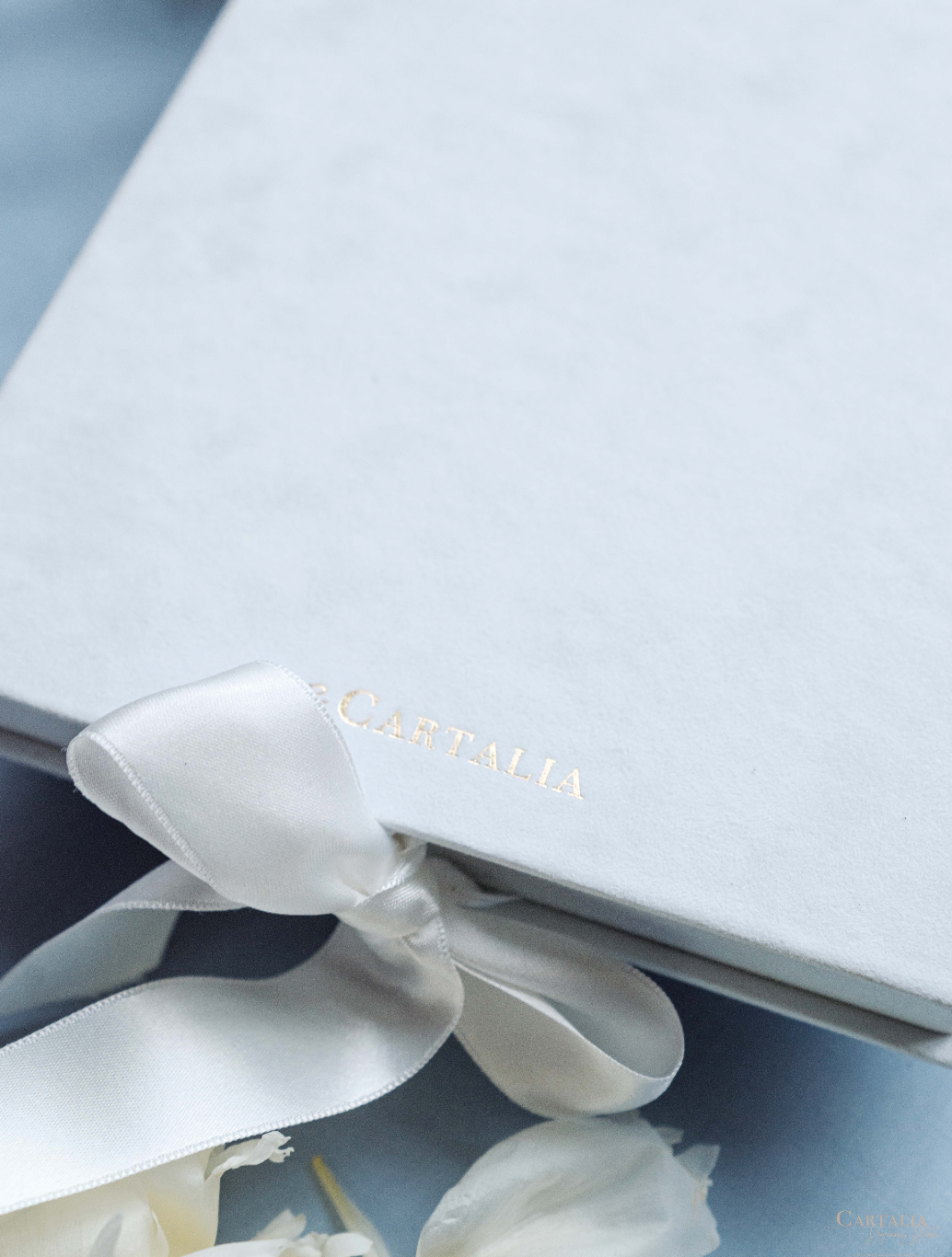 3D Luxury Velvet Hard Back Boxed & Ribbon Invitation with Gold Foil Venue | Bespoke Commission L&M , Villa Balbiano, Lake Como