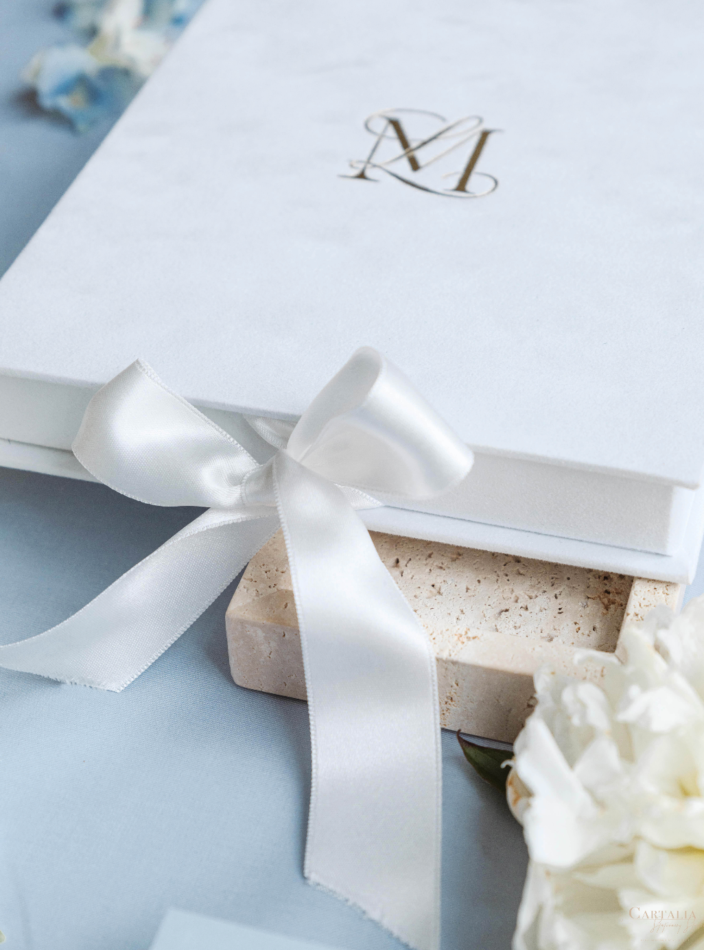 3D Luxury Velvet Hard Back Boxed & Ribbon Invitation with Gold Foil Venue | Bespoke Commission L&M , Villa Balbiano, Lake Como